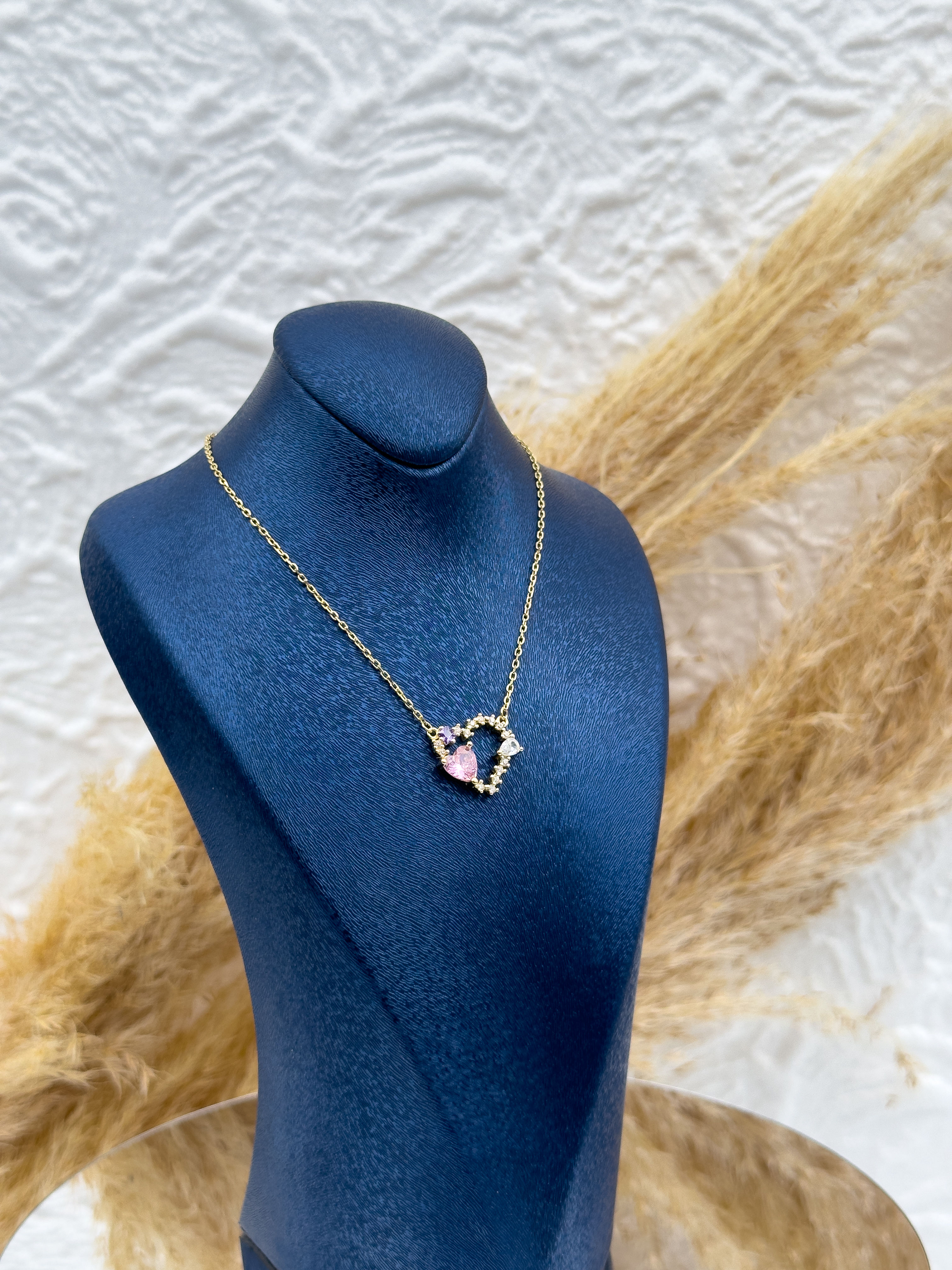 925 Ayar Gümüş Gold Renk Pembe Kuvars Taşlı Kalpli Kadın Kolye – Özel Tasarım Hediyelik